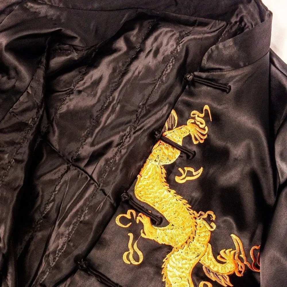 Black Satin Embroidered Chinese Dragon Mandarin Collar Tang Jacket Sz M